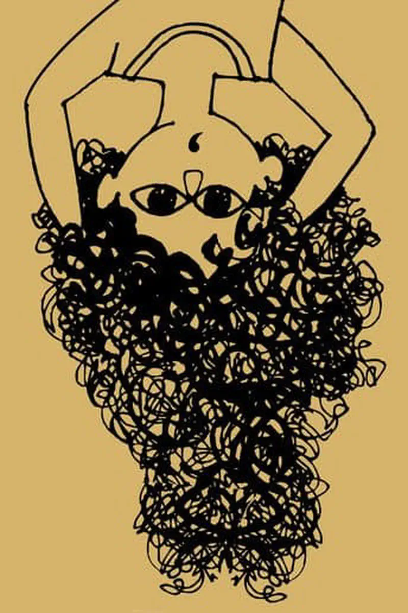 A girl with glasses does a handstand with her very long curly hair cascading down and spreading across the gold background.