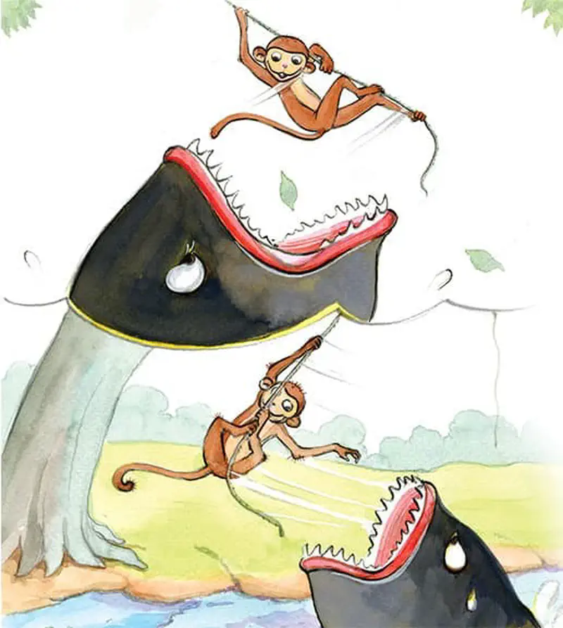 Two scenes of Dan swinging on a vine while a huge fish with sharp teeth leaps from the water trying to catch him.