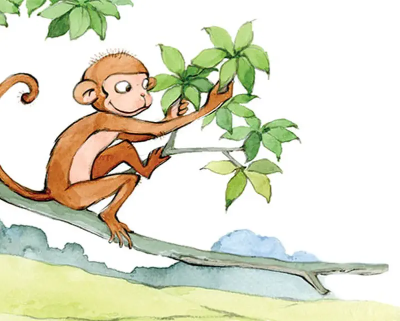 Dan the monkey sits happily on a tree branch reaching toward green leaves in a peaceful riverside scene.