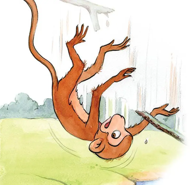 Dan falls through the air upside down after a branch breaks, tumbling toward the ground with a surprised expression.