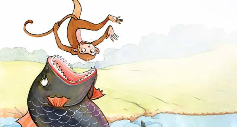 Dan the monkey flips upside down in the air just above a giant fish with sharp teeth leaping from the river.