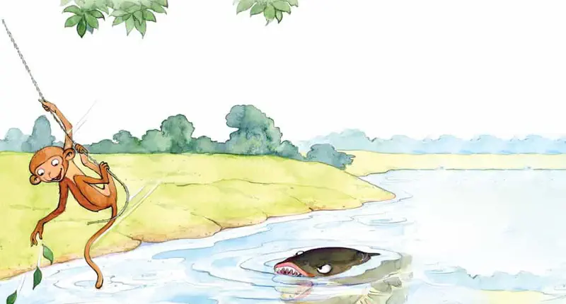 Dan the monkey swings on a vine over a river where a big fish with sharp teeth emerges from the water.