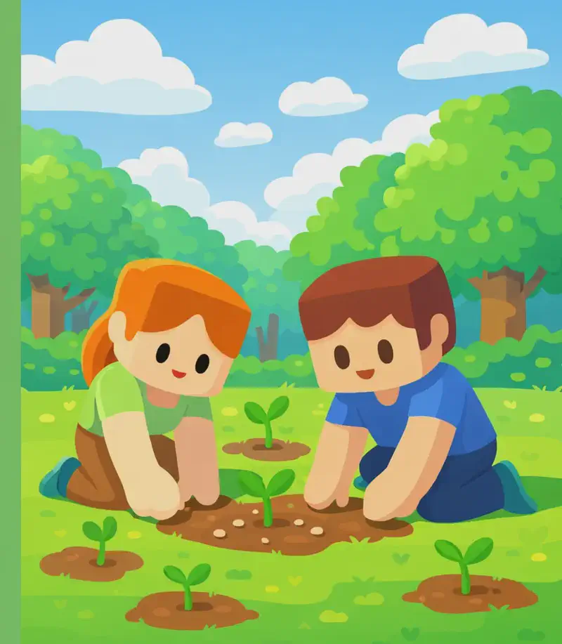 On the right side of the image, two blocky Minecraft-style characters kneel on a grassy area with patches of dirt, actively planting seeds in the ground. Small green saplings and bright green shoots sprout upward around them, reaching toward the blue sky with clouds above. Behind them, taller leafy green trees form a regrowing forest on a bright day. The left side of the image is a plain green overlay, leaving the characters and scenery grouped to the right.
