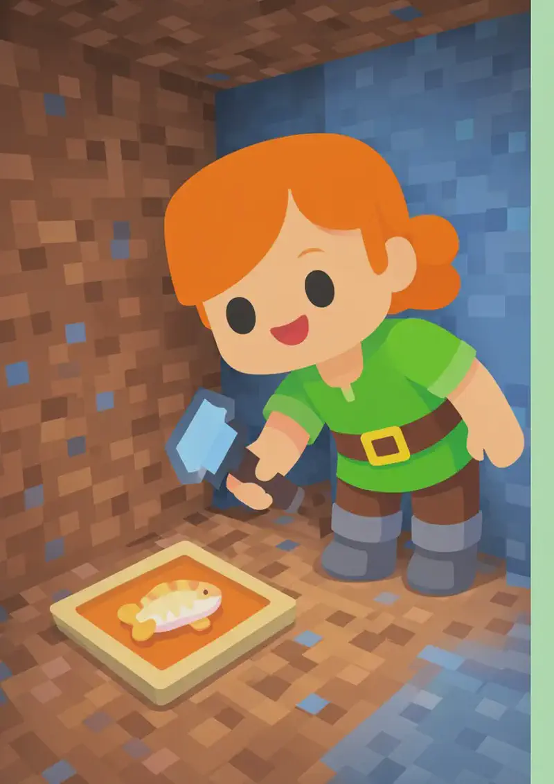 On the left side of the image, Alex stands inside an underground dirt-and-stone tunnel, holding her diamond shovel in one hand and bending down with an amused, curious expression as she reaches toward a cooked cod sitting in an item frame on the ground near her feet. The scene is set underground with blocky Minecraft-style dirt and stone walls surrounding Alex, with soft lighting illuminating the narrow excavated space. The right ~40% of the image is plain mint-green background.