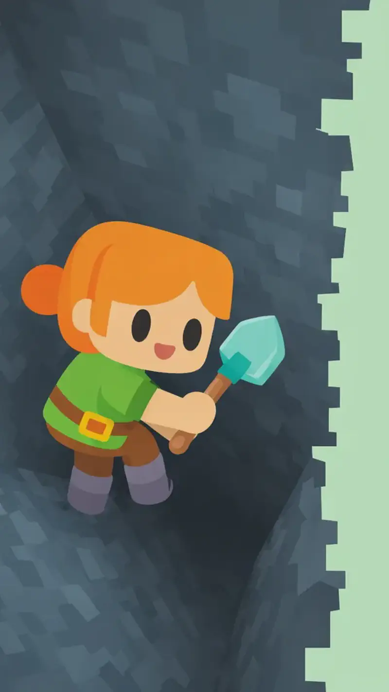 On the left side of the image, Alex is descending into a deep, dark underground hole or cave, viewed from above at a steep angle. Alex appears small against the rocky grey walls, gripping her diamond shovel tightly as she climbs down into the narrow passage with a tense, cautious posture. The cave environment is dimly lit with rough stone walls closing in around the opening, while the right side of the image opens to a plain mint-green background.