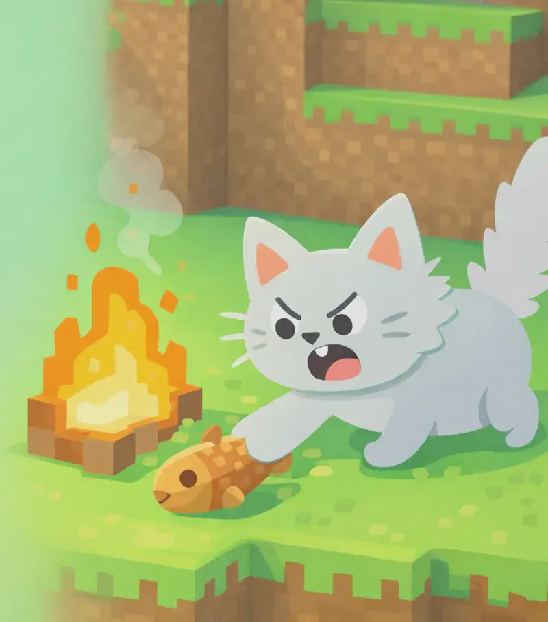 On the right side of the image, a campfire burns on a grassy hillside in a Minecraft-style blocky world, with a cooked cod visible sitting by the edge of the flames. Cat is crouched low nearby, one paw extended toward the fish, batting it away from the fire with a sneaky, mischievous expression. The scene is set outdoors during daytime on green terrain with brown earth/cliff blocks in the background. The left side is plain mint-green background.