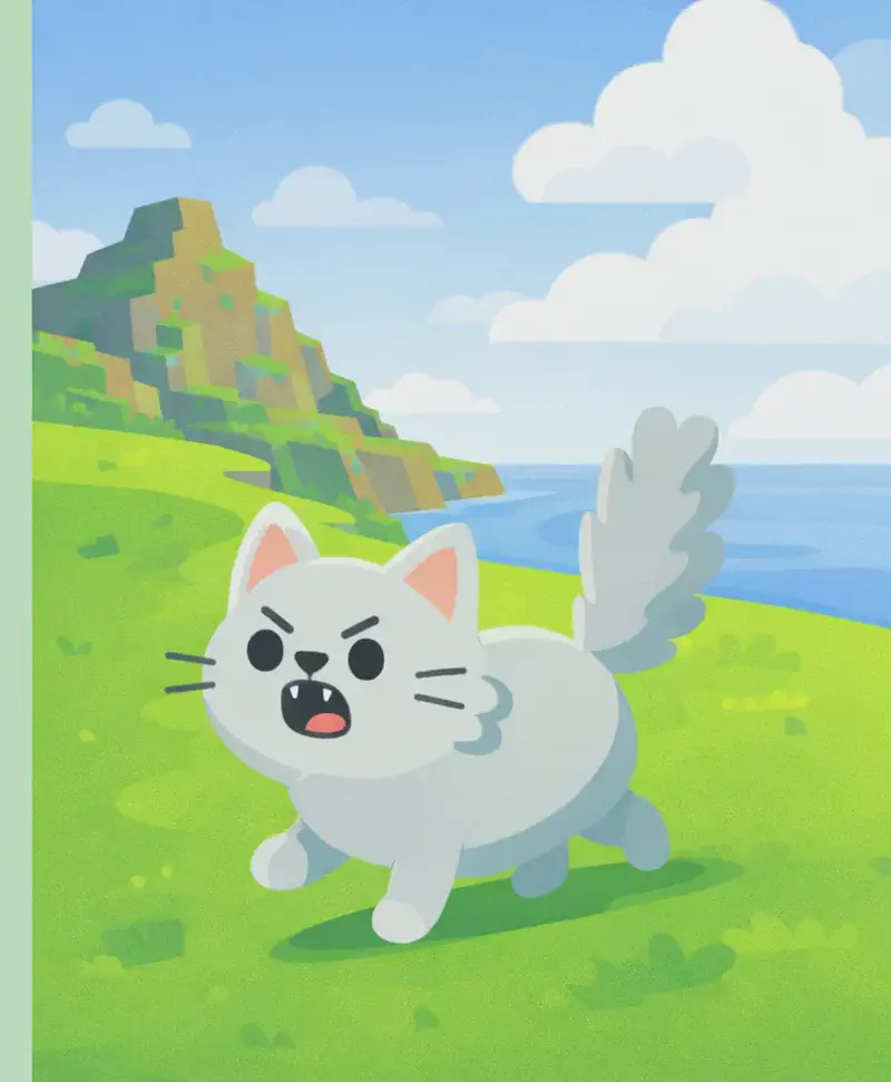 On the right side of the image, Cat is walking across a bright green grassy hillside on a sunny day, looking alert and curious with a mischievous expression, as if heading off to explore. Behind Cat rises a large stepped rocky hill, with a blue sky and fluffy white clouds above and water visible in the distance. The left side is plain mint-green background suitable for text overlay.