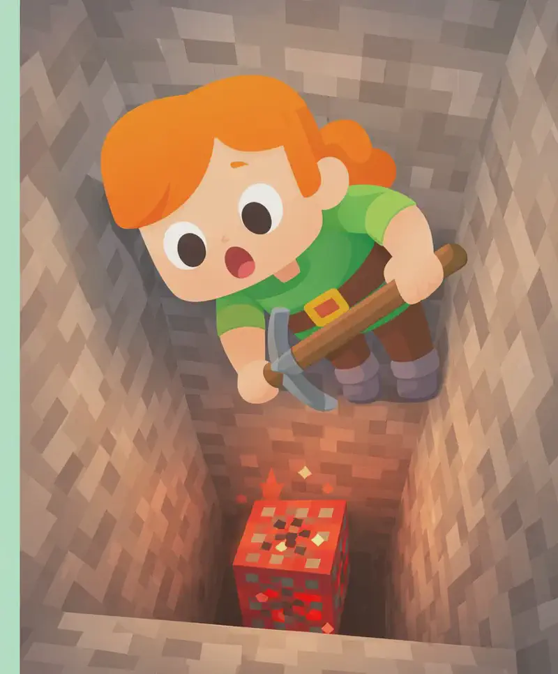 On the right side of the image, Alex is leaning forward and peering down into a narrow underground cave or mine shaft, gripping a pickaxe, with a frozen, wide-eyed expression of surprise as she discovers a glowing block of redstone ore emitting a red sparkle at the bottom of the pit. The scene is set in a blocky, Minecraft-style underground environment with stone walls and ceiling surrounding the opening. The left side is plain mint-green background, clear for text overlay.
