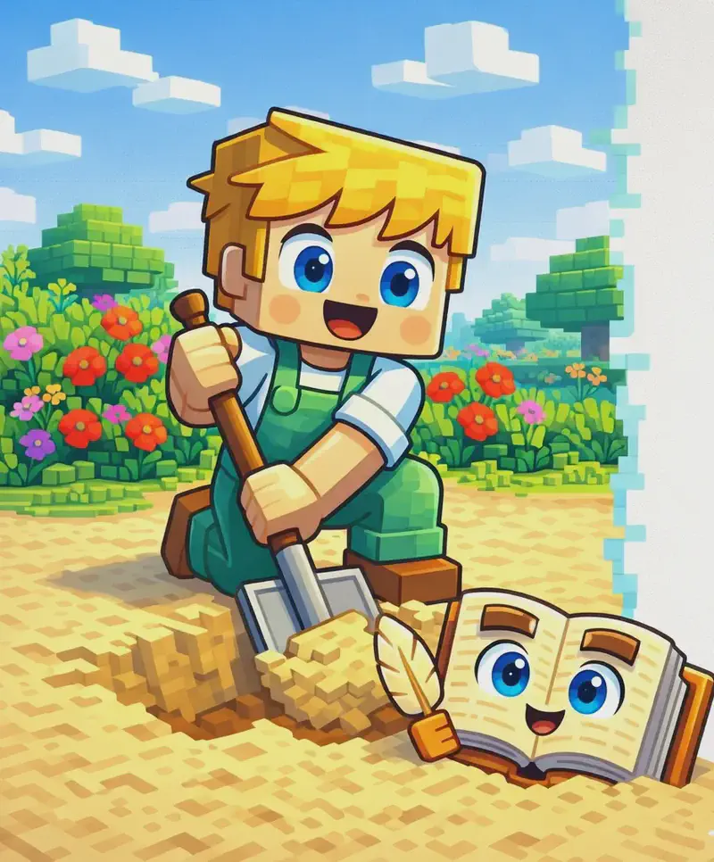 On the left side of the image, Ned kneels on a sandy beach, pushing his wooden shovel into the sand with an excited, thrilled expression. A hole in the sand is visible at his feet where he has scooped out a big clump of sand. Beside him at ground level, The Book peeks up from the sand — its cream-colored open pages visible with large round bright blue eyes and a cheerful grin, its brown hardcover edges partially buried in the surface. The scene is set outdoors on a bright sunny day with blue sky and white clouds, with colorful flowers (red poppies and pink blooms) and green bushes visible in the background behind Ned. The right ~40% of the image is plain light background reserved for text.