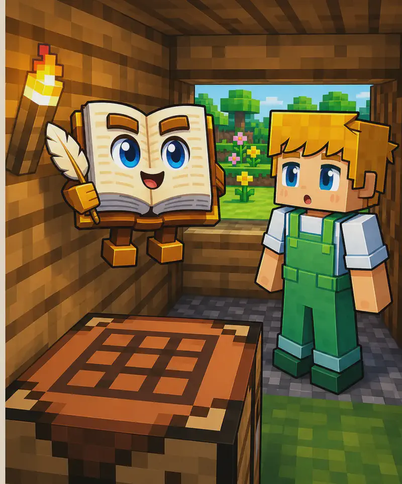 On the right side of the image, Ned stands inside a wooden shed, facing forward with a surprised, attentive expression. The shed interior has wooden plank walls, a crafting table, a torch mounted on the wall providing warm light, and a patterned rug on the floor. Through an open doorway behind Ned, green grass and flowers are visible outside in daylight. The Book floats in the air near the center-right, its cream-colored pages open wide, its large round bright blue eyes and small smiling mouth visible on the open pages, positioned as if speaking to Ned. A tan quill feather pen is held in its right hand. 50% negative space on left