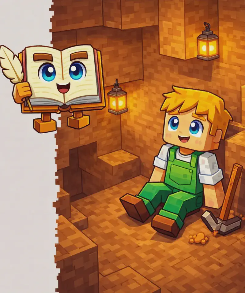 On the right side of the image, Ned sits on the ground inside a carved-out cave of brown stone blocks, his wooden pickaxe resting at his side, looking tired but happy with a satisfied smile. The cave is rough-hewn with blocky walls and lit by small glowing lanterns mounted on the stone. The Book floats near the cave entrance at the center-left edge, its cream-colored pages open, brown hardcover spine visible, its large round bright blue eyes looking in toward Ned with a knowing expression, and a tan quill feather pen in its right hand. The left ~40% of the image is plain light background for text overlay.