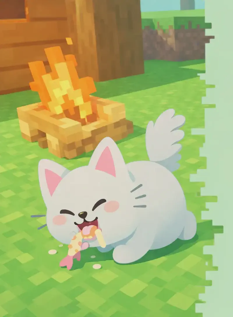 On the left side of the image, Cat is crouched low on a green grassy lawn, eagerly gobbling down the last scraps of a fish with a satisfied expression, with no trace of the meal remaining on the ground around it. The scene is set outdoors in bright daylight beside a wooden house, in a Minecraft-style blocky 3D art style. The right side of the image is plain mint-green background.