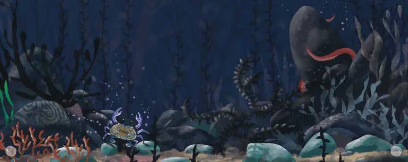 Dark ocean floor scene with blue crab, moray eel among seaweed and rocks, deep blue water above.