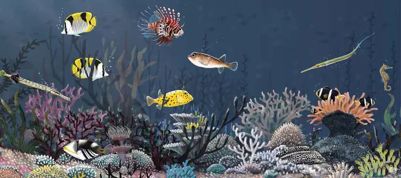 Colorful coral reef with butterfly fish, lionfish, seahorse, pufferfish, and clownfish among diverse corals.