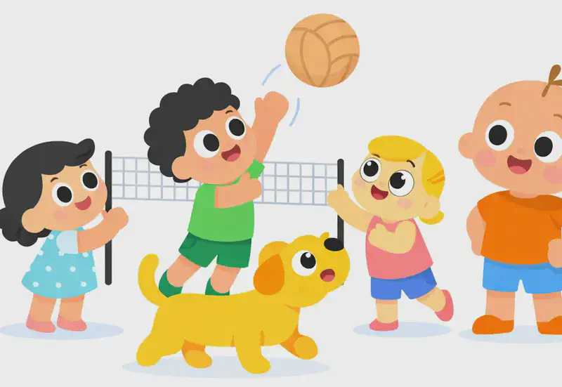 On the right side of the image, a group of children practice volleyball outdoors near a low net, with one child tossing the ball up while another reaches high to send it over the net. The others watch eagerly with excited expressions. Dog crouches in the middle of the group, looking up at the ball with an alert, ready expression as if about to snatch it. Vic stands on the far right with hands on hips, smiling and supervising the practice session.