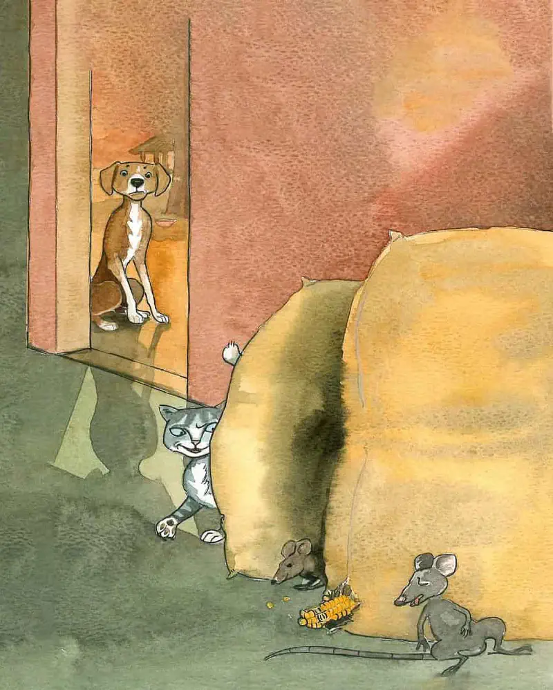 Dog watching from doorway as cat stalks two mice eating corn near grain sack