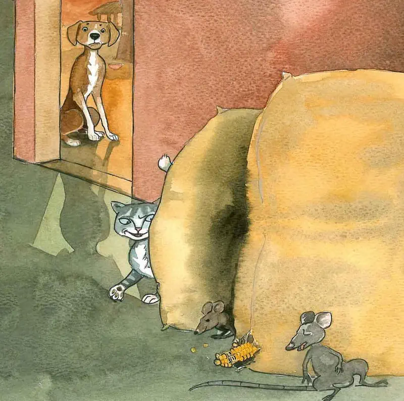 Dog watching from doorway as cat stalks two mice eating corn near grain sack