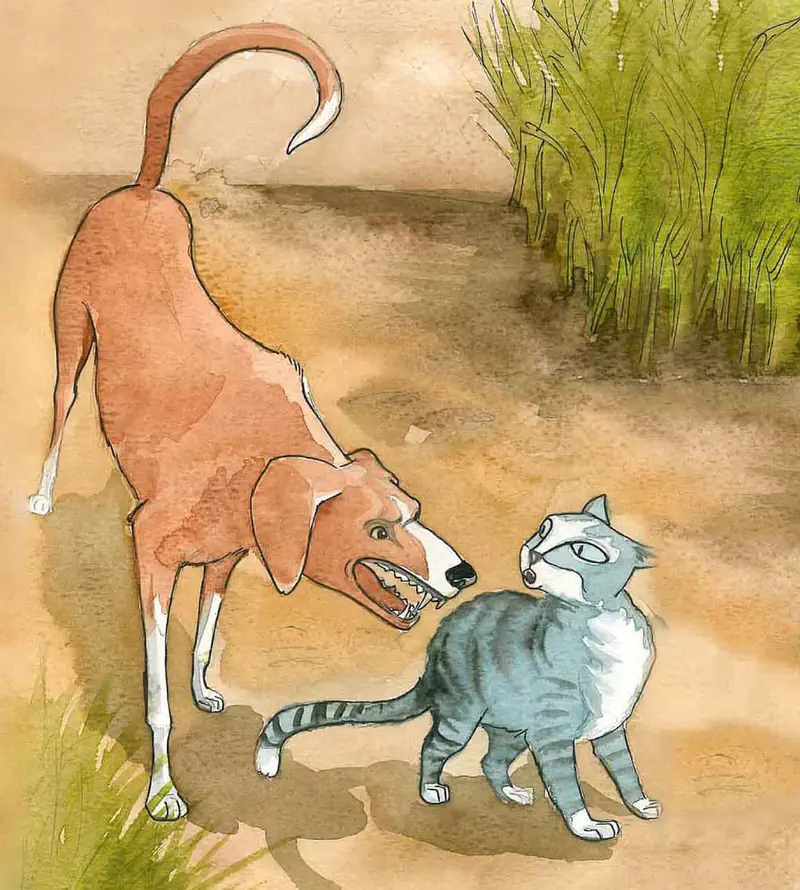 Brown dog and gray cat facing each other aggressively on dirt path near grass