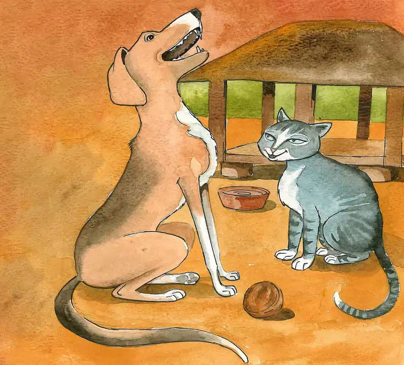 Brown dog howling while gray cat sits calmly nearby with ball and food bowl