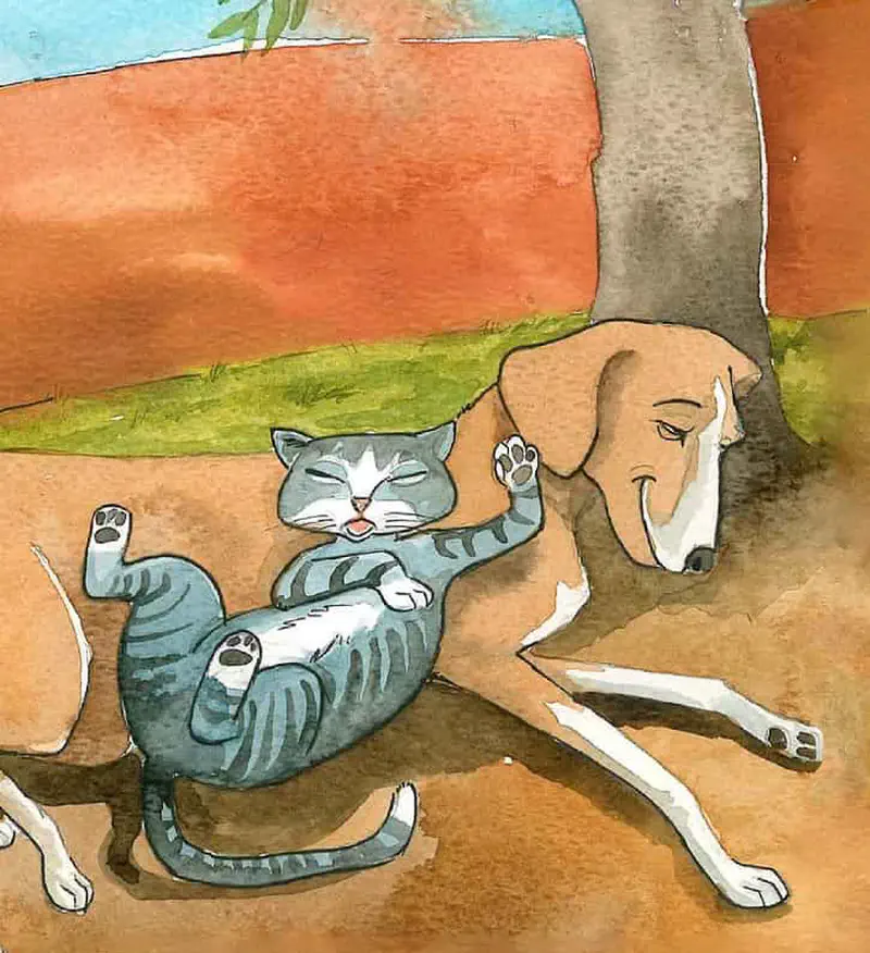 Happy gray cat and brown dog sleeping together peacefully under tree on farm