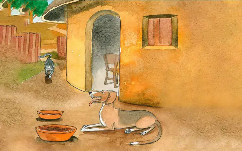 Brown dog lying by food bowls outside orange house as cat approaches from yard