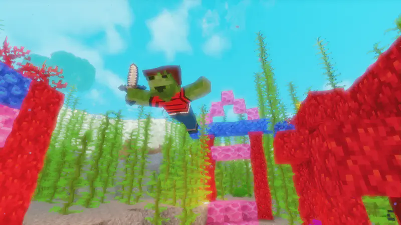 Minecraft zombie character in a red striped shirt swimming above a colorful coral reef with red and pink coral formations and green kelp.