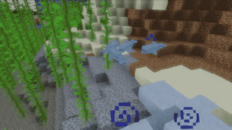 Minecraft underwater scene with dolphins swimming near sandy ocean floor, surrounded by kelp and bubble columns.