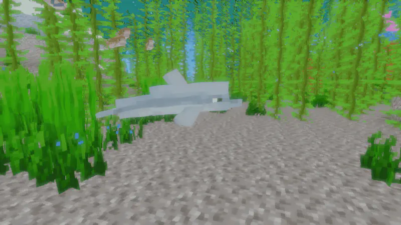 Minecraft dolphin swimming near the sandy ocean floor surrounded by tall green kelp and seagrass.
