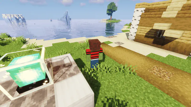 Minecraft zombie character in a red striped shirt standing on a beach near a wooden boat, with ocean and island in background.