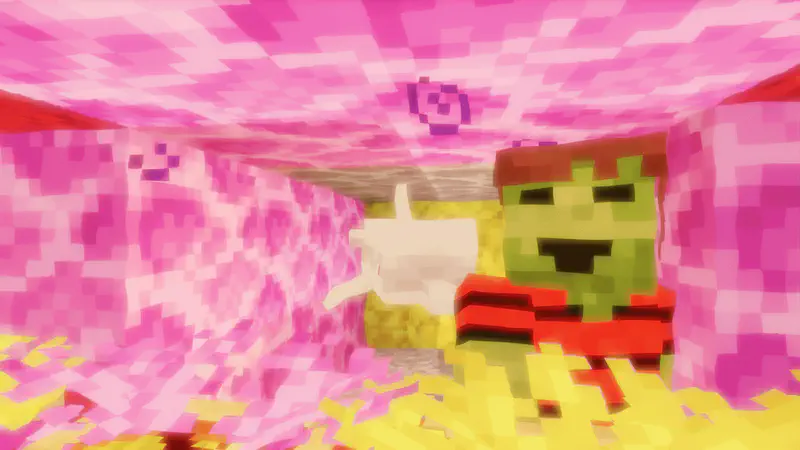 Minecraft zombie character in red striped shirt swimming alongside a dolphin through pink coral, viewed from below.