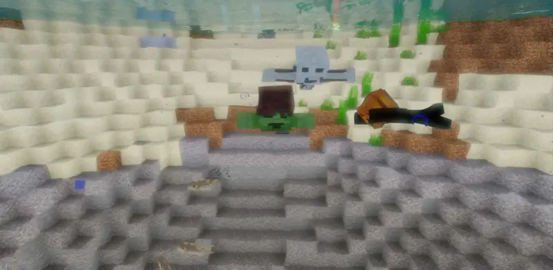 Minecraft underwater scene with a green zombie, dolphin, cod fish, and skeleton on sandy ocean floor surrounded by kelp and seagrass.
