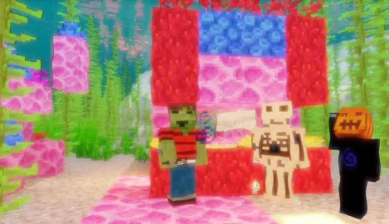 Colorful underwater coral reef scene with a zombie in striped shirt, skeleton, and pumpkin-headed figure among pink coral and green kelp.