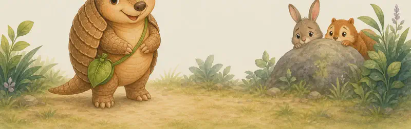Introduce Armando. Show his full body in a clear pose so the ringed-shield shell is visible. He looks calm and approachable, but one or two small unnamed background animals peek nervously from behind a rock or shrub, misjudging him. Mood: introduction with a gentle hint of being misunderstood.