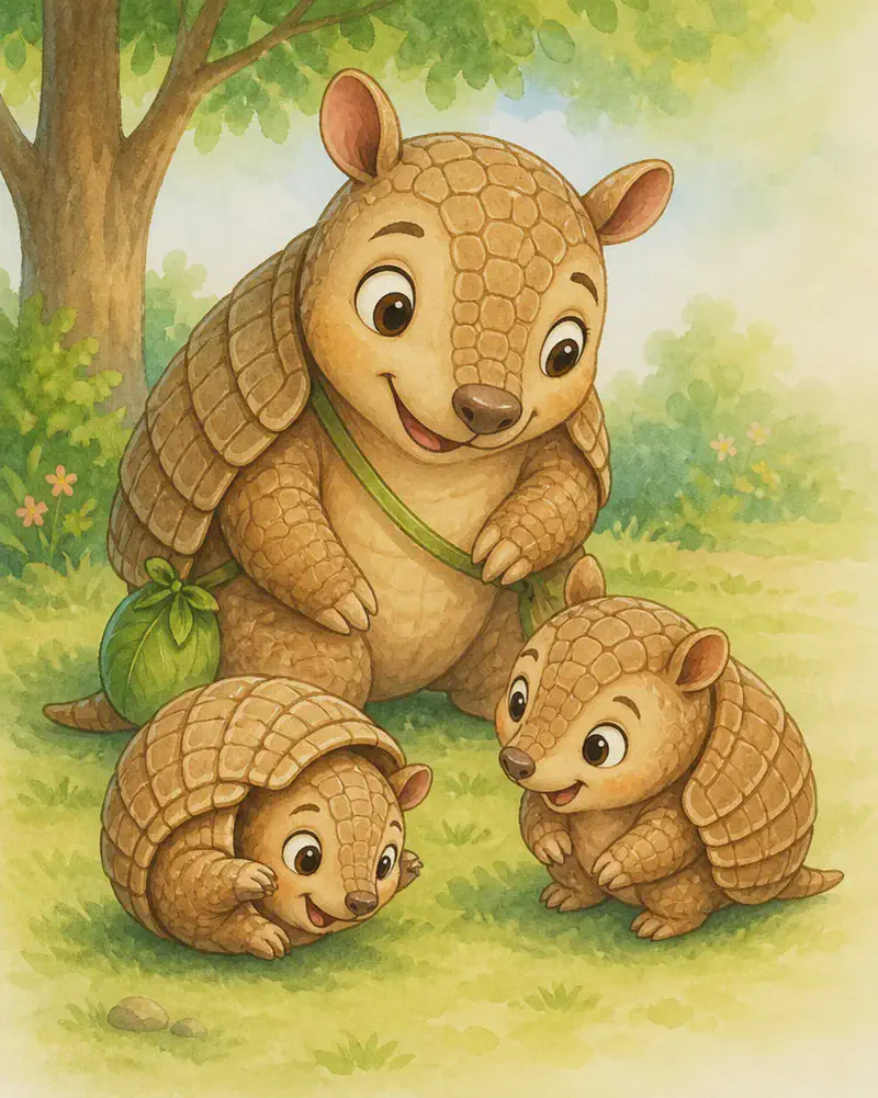 Armando plays with his two armadillo children. One child is mid-demonstration, beginning to curl its back and tuck its head, while Armando watches kindly and supportively. The other child watches and copies the movement. Setting: park ground. Mood: loving family lesson.