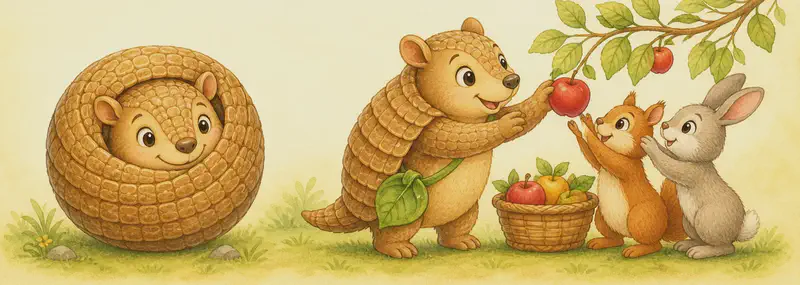 Armando, fully curled into a ball-like shape so his ringed shell is on the outside, demonstrates the "ball" pose on one side of the illustration. Beside him, he is also shown helping one or two unnamed small park animals reach a piece of fruit from a low branch or basket. Combine the two ideas in a single grouped scene. Mood: helpful and reassuring.