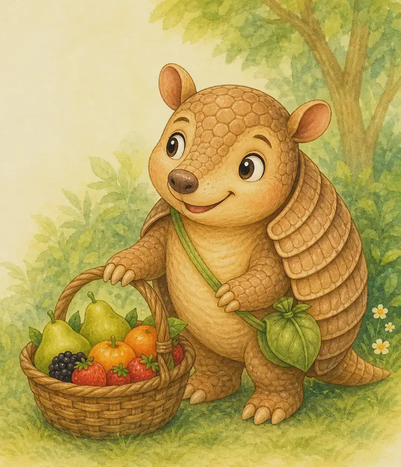 Armando stands beside a small basket filled with pears, tangerines, blackberries and strawberries. One paw rests on the basket while he looks around carefully, checking that everything is safe before he picks more fruit. Mood: thoughtful, careful, kind. No other characters needed.