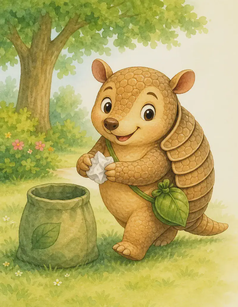 Armando tidies up the park, carrying a small piece of paper or rubbish in his front paws and walking toward a simple trash bin or a small bag. His expression is warm and proud of his work. Setting: a clean grassy park clearing. Mood: loving, helpful, closing feel-good page.