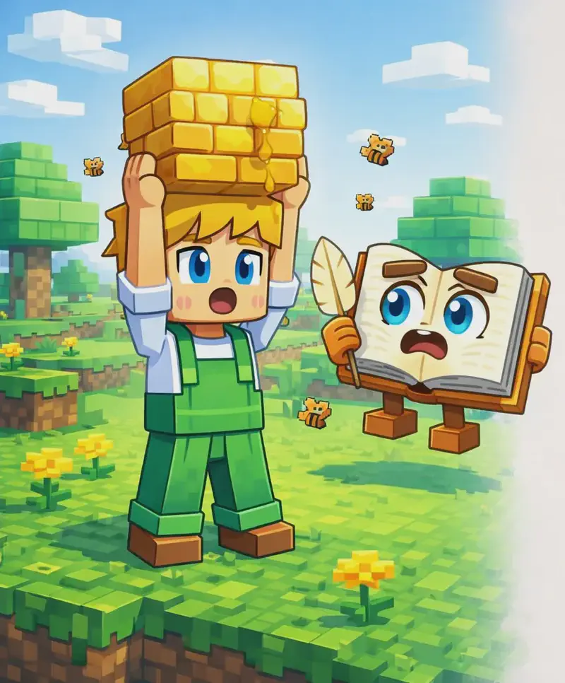 On the left side of the image, Ned stands facing the viewer in a Minecraft-style blocky 3D scene, holding a chunk of golden honeycomb above his head with both hands while looking surprised. The Book floats in the air nearby to Ned's right, an open book with cream pages, brown hardcover spine, bright blue eyes with dark brown eyebrows, and a worried expression, holding a tan quill pen — looking alarmed as it confronts Ned. Small bees are visible in the background near the hive. The outdoor setting is a lush green grassy area with blocky trees and flowers in the background, with bright daytime lighting. The right ~40% of the image is plain light background.