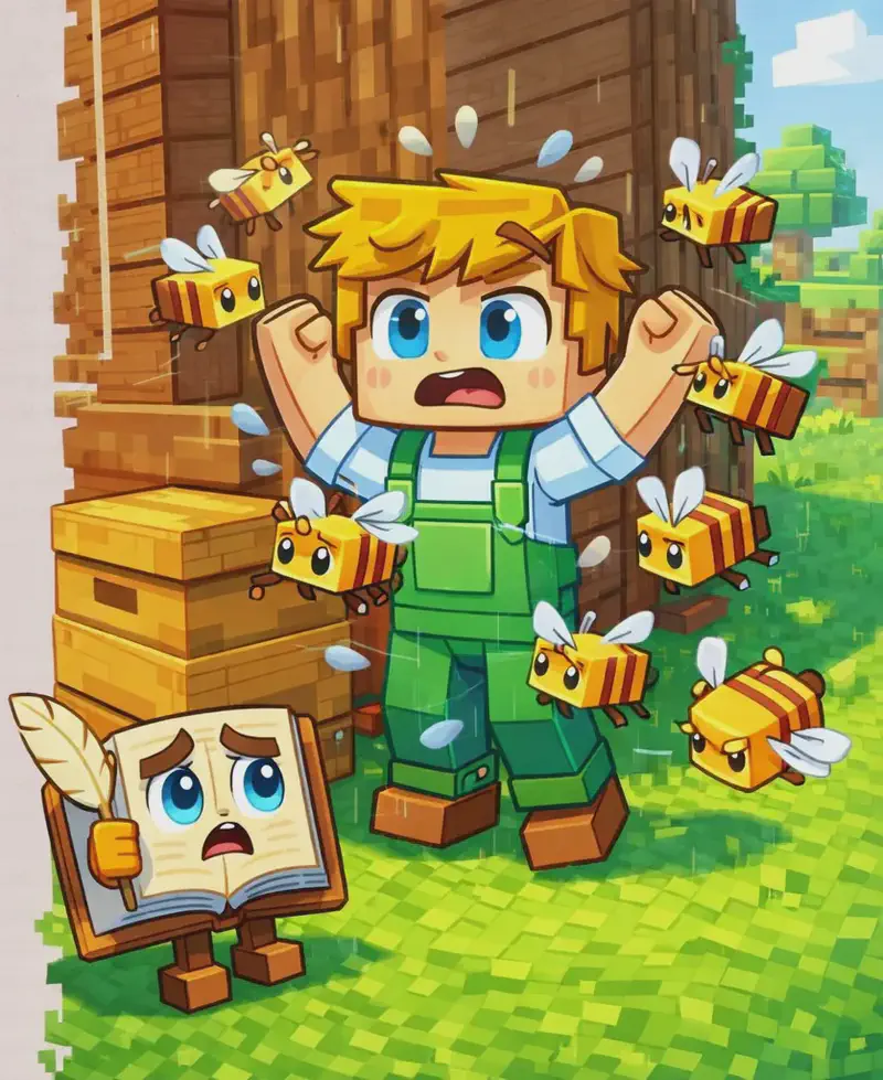 On the right side of the image, Ned stands next to a large wooden beehive placed on the grass beside a wooden structure. He looks overwhelmed and alarmed as several bees swarm all over him, buzzing and bumping from every direction. The Book stands on the grass nearby, looking regretful with a worried expression. The setting is an outdoor grassy area in daylight, with a wooden building or treehouse in the background. The left side of the image is plain background, clear for text overlay.
