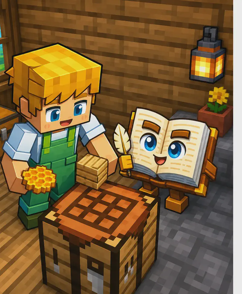 On the left side of the image, Ned stands indoors in a Minecraft-style blocky 3D scene, looking down eagerly at a crafting table in front of him. He holds honeycomb items and wooden pieces, assembling a new beehive. The Book stands nearby on the stone floor in its anthropomorphic form, watching Ned work. The setting is a wooden interior room with plank walls, and the right ~40% of the image is plain white background.