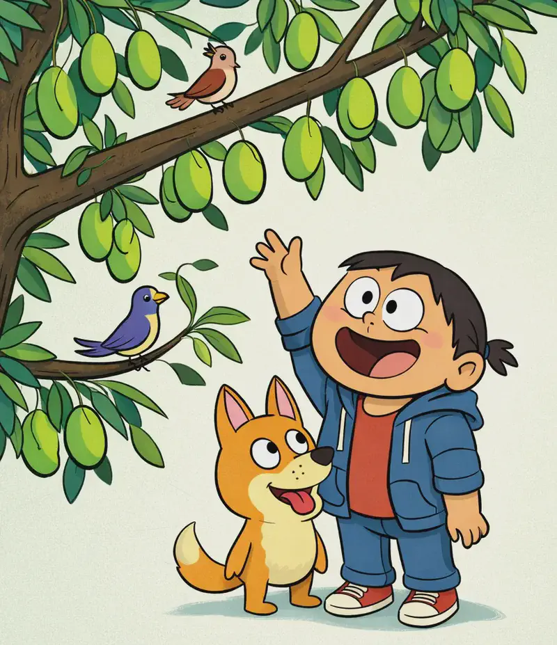 On the left side of the image, the Narrator stands beneath a large mango tree, smiling broadly and reaching one hand up toward the hanging mangoes with an excited expression. The Dog sits close beside the Narrator, looking up at the tree as well. The tree's branches stretch across the upper-left portion of the frame, heavy with green mangoes and lush leaves, while the right side of the image is open, plain background. Two birds are perched on the tree branches — a small brown bird on an upper branch and a colourful blue-and-yellow bird on a lower branch.