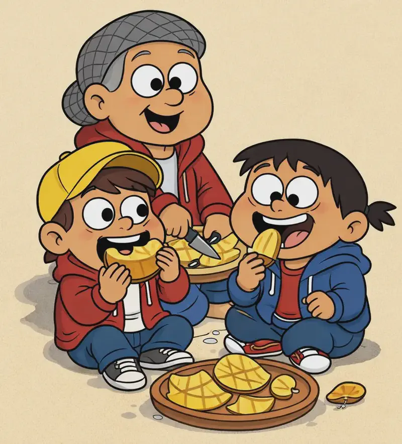 On the left side of the image, Gran, the Narrator, and Yellow-hat child are sitting together on the ground enjoying a mango picnic. Gran sits at the back, smiling happily while cutting up mango slices. Yellow-hat child sits in front of Gran, eagerly biting into a large mango slice held up to his mouth, juice running down his chin, wearing his bright yellow baseball cap, red hoodie, and blue jeans. The Narrator sits in the foreground with a contented smile, nibbling on a mango skin while a chewed mango seed rests nearby, next to a round wooden platter filled with cut mango pieces, mango halves scored in a crosshatch pattern, and mango skins. The right side of the image is plain warm golden-beige background, open for text.