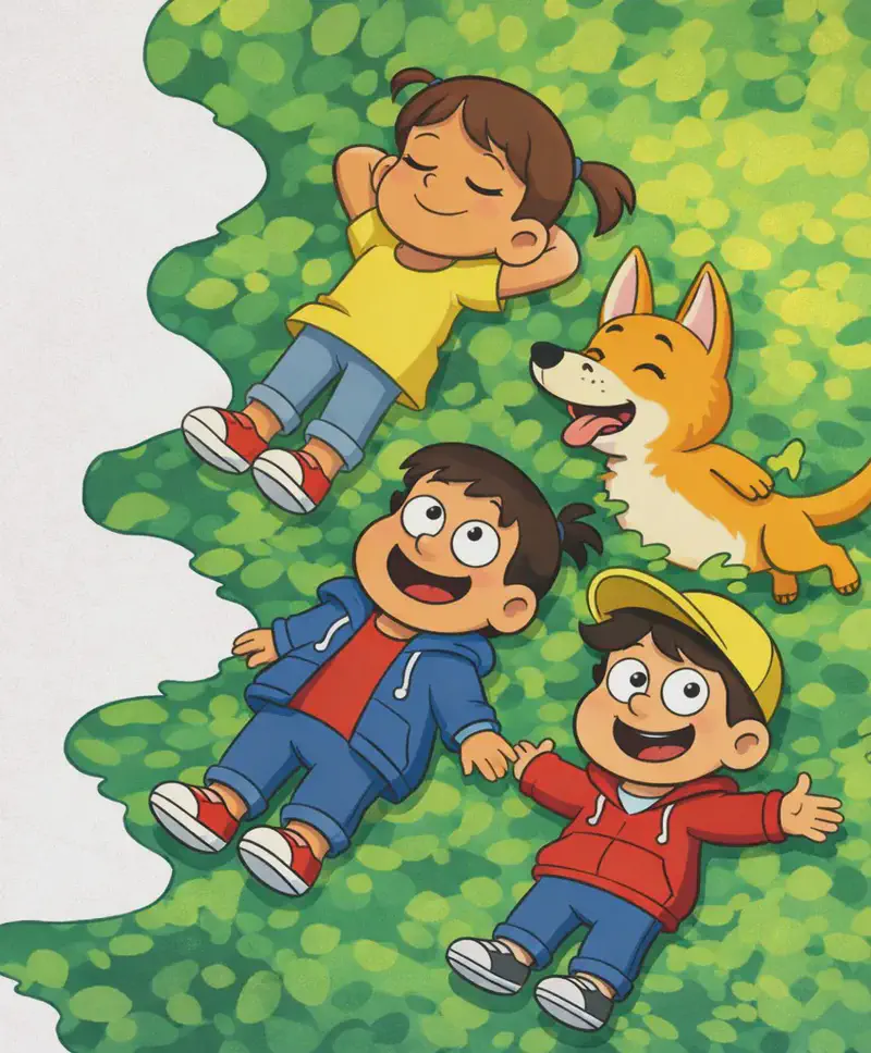 On the right side of the image, the Narrator, Girl in a yellow shirt and blue jeans, Yellow-hat child, and Dog rest in the lush green canopy of a large tree, viewed from above. Girl is highest up, smiling contentedly with her eyes closed and arms relaxed. Yellow-hat lies below her, smiling happily with arms spread out. The Narrator lies between them, relaxed and gazing upward. Dog stands upright beside the children with his mouth open and tongue out, looking happy and awake. The left approximately 40% of the image is plain light gray-white background with soft watercolor texture.