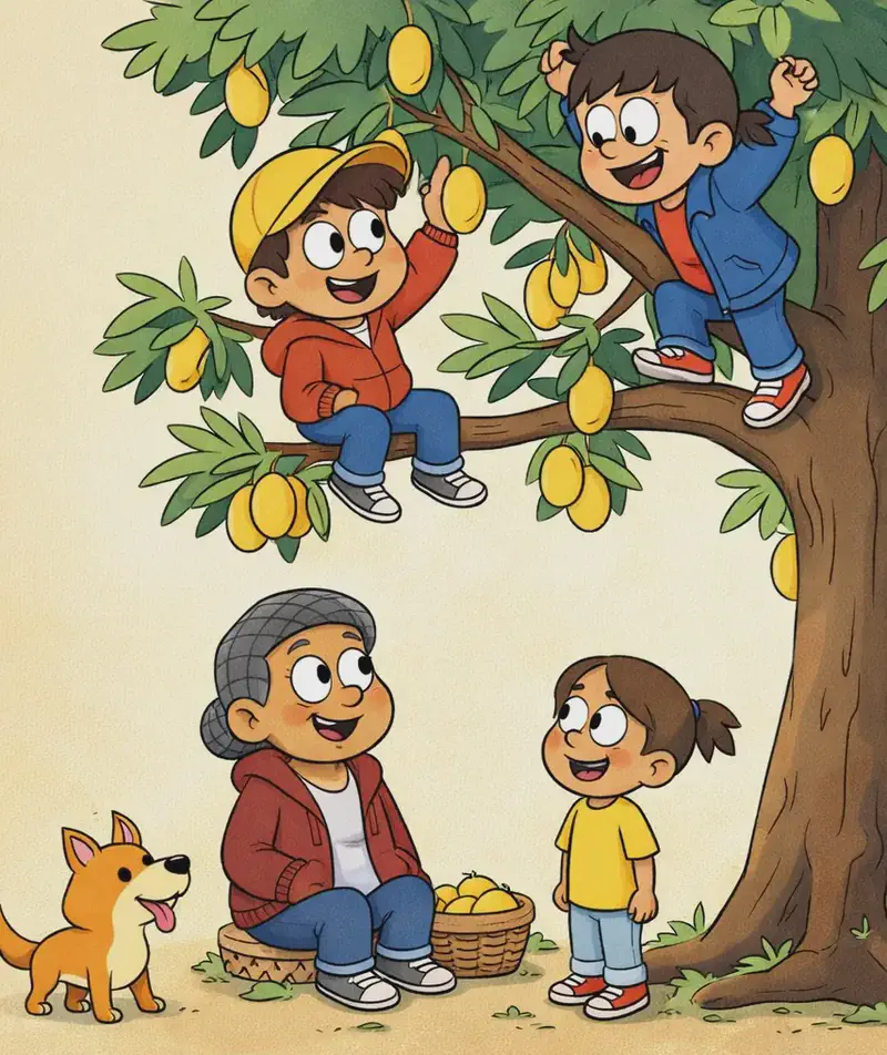 On the right side of the image, a large backyard tree dominates the scene with ripe mangoes hanging from its branches. Yellow-hat child is perched on a branch in the middle of the tree, reaching for a mango, while Narrator climbs higher up in the upper-right corner, also picking fruit. Below the tree, Gran sits on the ground smiling warmly, watching over the children with a basket and plate of mangoes beside her. Girl in yellow dress stands beneath the tree looking up at the climbers with curiosity. Dog trots nearby at the base of the tree, tail raised. The scene is set outdoors on a bright, sunny day with a warm, soft background.