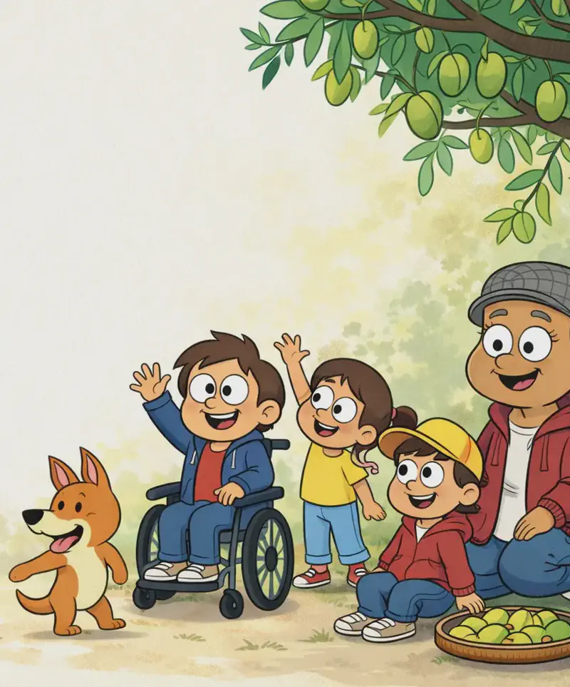 On the left side of the image, the Narrator kneels beside a large woven basket, smiling, as the Dog trots eagerly past. Wheelchair boy sits in his wheelchair nearby, grinning, with one arm raised in a cheerful wave. On the right side, Gran sits on the ground near a tray of golden mangoes, smiling warmly, while the Girl in yellow dress and Yellow-hat child gather around her — one reaching up toward the fruit-laden tree branches overhead. The scene is set outdoors in a sunny backyard with tall leafy trees heavy with green mangoes, dappled light filtering through the canopy onto the ground.
