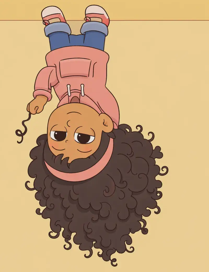 Girl is shown upside down on the right side of the image, hanging from the top edge with her legs hooked over it. Her voluminous curly hair cascades downward due to gravity, forming a large, dense mass of bouncy spring-like curls that fills much of the right portion of the frame. One hand holds a single curl stretched out, about to release it. She has a calm, content expression with half-lidded eyes, as if enjoying the springy bounce of her curls. The background is a warm, flat golden-tan color with no other objects or setting details.