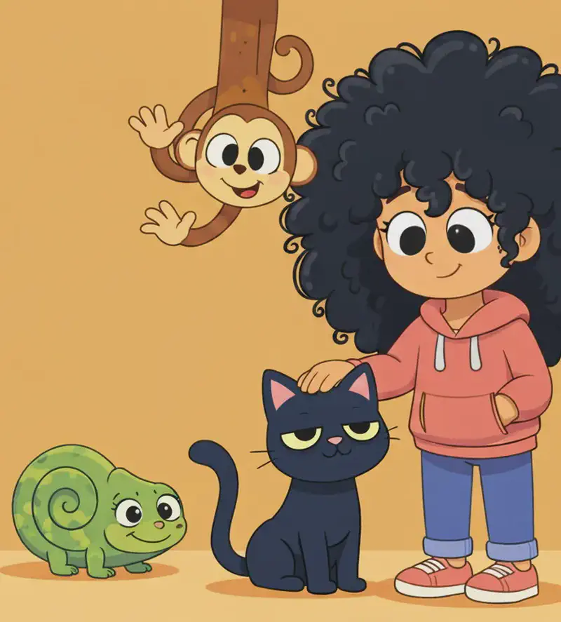 On the right side of the image, the Girl stands smiling with one hand reaching down to scratch the Cat behind the ears, while the Cat sits upright in the center-right with its curled tail visible, eyes half-closed contentedly. To the left, a monkey hangs upside down from above with its tail curled tight, waving one hand playfully. A chameleon sits nearby with a perfect spiral-curled tail, looking on with a cheerful expression. The scene is set against a plain warm golden-tan background.