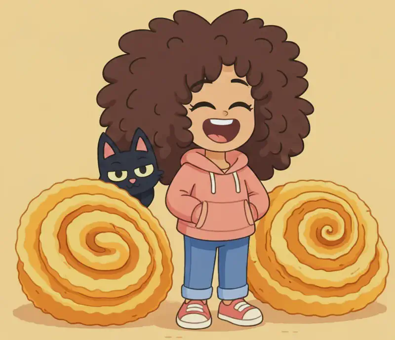 On the left side of the image, Girl stands between two giant spiral pastries, each curled in a perfect golden coil, laughing with her mouth open. The Cat peeks out from behind one of the pastries, with just its head and pointed ears visible, pale yellow-green eyes gleaming mischievously. The scene is set against a warm golden-tan background, with the right side left as plain background for text overlay.