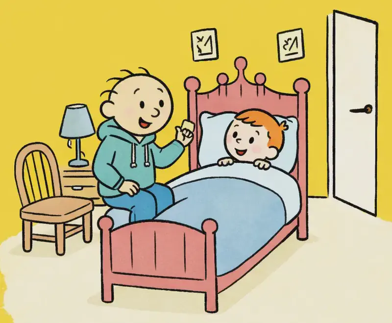 On the right side of the image, the Narrator is tucked into bed with wide, curious eyes, looking engaged and attentive, while Pa sits on the edge of the bed beside the Narrator, leaning in with a dramatic, expressive gesture as he prepares to tell a bedtime story. The scene is set in a cozy bedroom with a bedside table and lamp, a chair nearby, small framed pictures on the wall, and an open door letting in a sliver of light. The left side of the image is plain yellow background, leaving space for text.