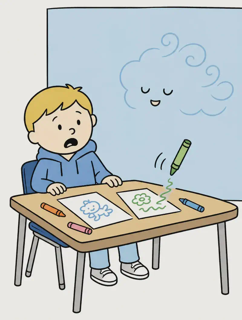 On the right side of the image, the Boy sits at a classroom desk with a shocked, open-mouthed expression, looking scared. Scattered on the desk in front of him are drawings and crayons — one green crayon floats in the air by itself, moving as if held by an invisible hand, drawing on the paper. The Girl Made of Air is faintly visible as a subtle face with closed crescent-shaped eyes hovering in the blue background just to the right of the Boy, blending into the air. The scene is set indoors in a school classroom, with a large blue area behind the desk suggesting a wall or window. The left side of the image is plain white background.